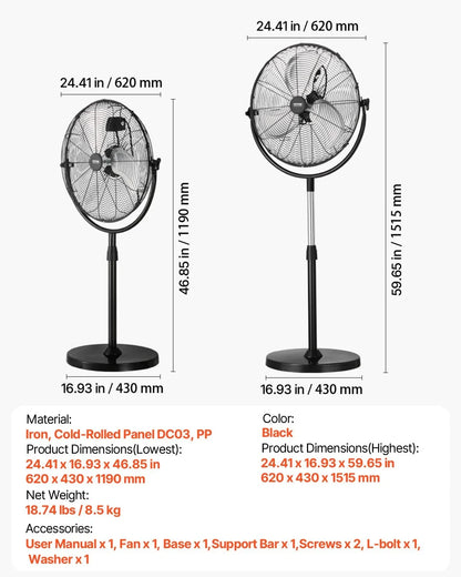 VEVOR Industrial Pedestal Fan, 20 Inch Standing Fan with 46.9 to 59.6 Inches Adjustable Height, Floor Fans with 3 Adjustable Speeds, High Power Fans for Warehouse,Garage,Commercial,Residential, Black - View 7