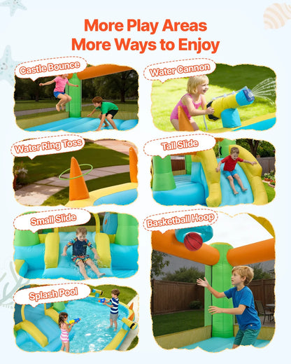 VEVOR Inflatable Bounce House, 12.5 x 13.1 x 6.5 ft Inflatable Bounce House Water Slide, Bouncer Castle with Castle Bounces, Basketball Hoop, Splash Pool & Water Ring Toss, for 3 to 4 Kids Ages 3 to 8 - View 2
