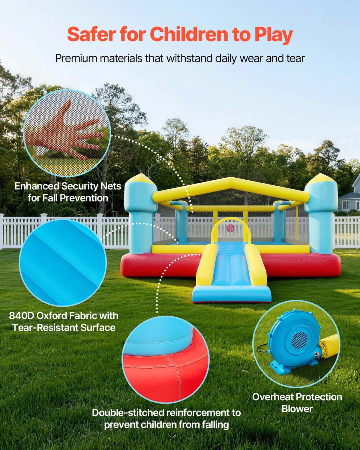VEVOR Inflatable Bounce House, 14.7 x 13.8 x 6.8 ft Jumping Bouncy Castle, Inflatable Jumper for Kids with Slide, Basketball Hoop, Target Game & Jumping Area, Jumpings House Holds 3-4 Kids (Ages 3-8) - View 5