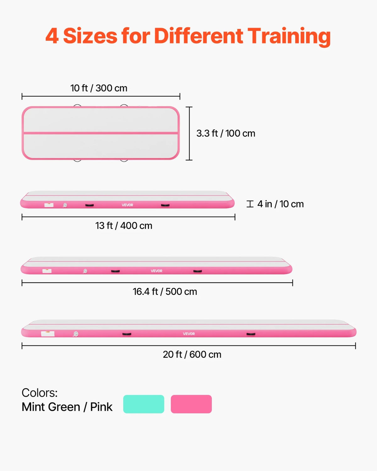 VEVOR Inflatable Gymnastics Air Mat 10 ft Training Mats w/ Electric Pump, 4 inches Thick Sturdy Tumble Track, Tumbling Mat for Home Use/Gym/Outdoor/Yoga/Cheerleading/Beach/Park/Water, Pink