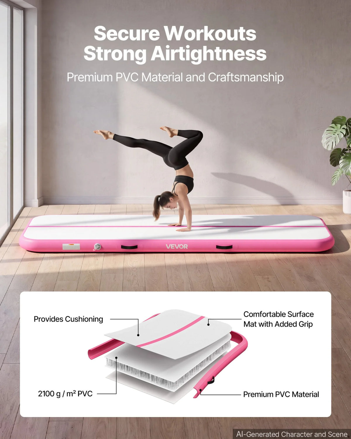 VEVOR Inflatable Gymnastics Air Mat 10 ft Training Mats w/ Electric Pump, 4 inches Thick Sturdy Tumble Track, Tumbling Mat for Home Use/Gym/Outdoor/Yoga/Cheerleading/Beach/Park/Water, Pink - View 2