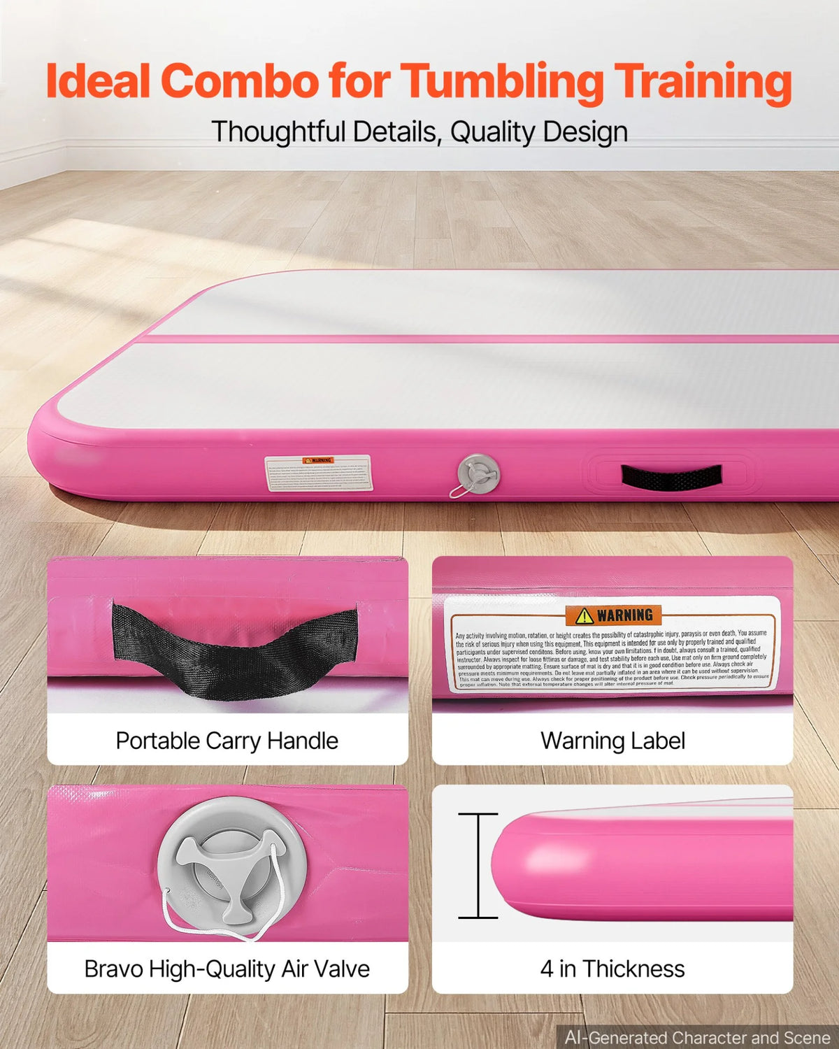 VEVOR Inflatable Gymnastics Air Mat 10 ft Training Mats w/ Electric Pump, 4 inches Thick Sturdy Tumble Track, Tumbling Mat for Home Use/Gym/Outdoor/Yoga/Cheerleading/Beach/Park/Water, Pink - View 4