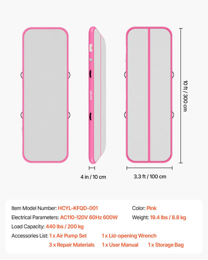 VEVOR Inflatable Gymnastics Air Mat 10 ft Training Mats w/ Electric Pump, 4 inches Thick Sturdy Tumble Track, Tumbling Mat for Home Use/Gym/Outdoor/Yoga/Cheerleading/Beach/Park/Water, Pink - View 6