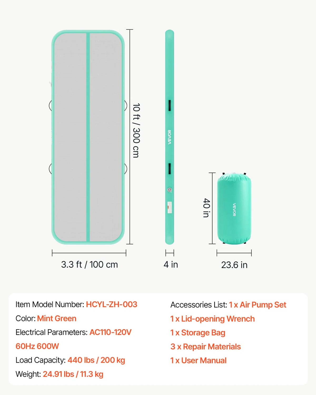 VEVOR Inflatable Gymnastics Air Mat with Air Barrel 10 ft Training Mats, 4 inches Thick Sturdy Tumble Track with Electric Pump, Tumbling Mat for Home Use/Gym/Outdoor/Yoga/Cheerleading, Mint Green - View 6