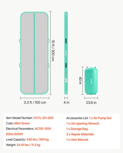 VEVOR Inflatable Gymnastics Air Mat with Air Barrel 10 ft Training Mats, 4 inches Thick Sturdy Tumble Track with Electric Pump, Tumbling Mat for Home Use/Gym/Outdoor/Yoga/Cheerleading, Mint Green - View 6