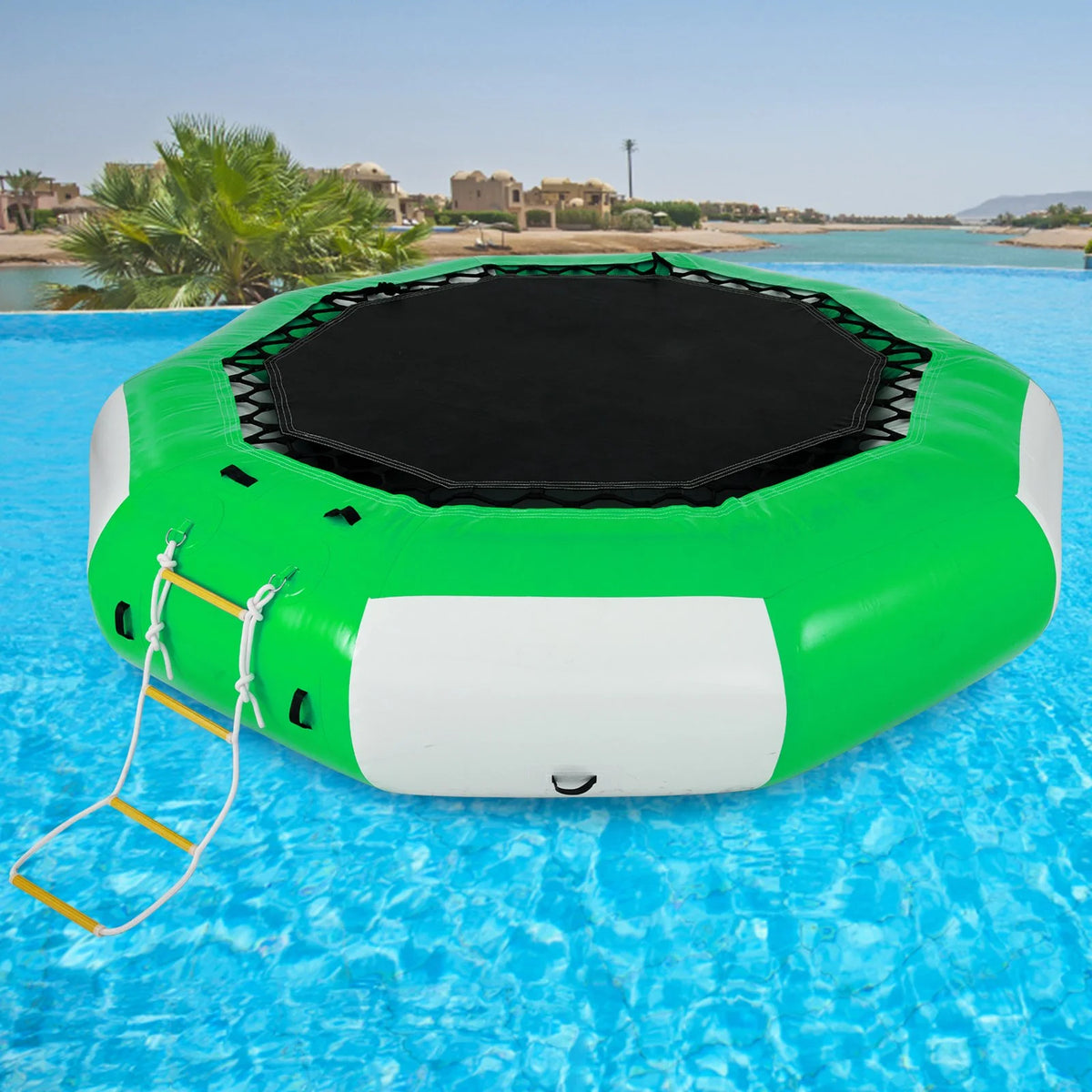 VEVOR Inflatable Water Trampoline 10FT , Round Inflatable Water Bouncer with 4-Step Ladder, Water Trampoline in Green and White for Water Sports. - View 8