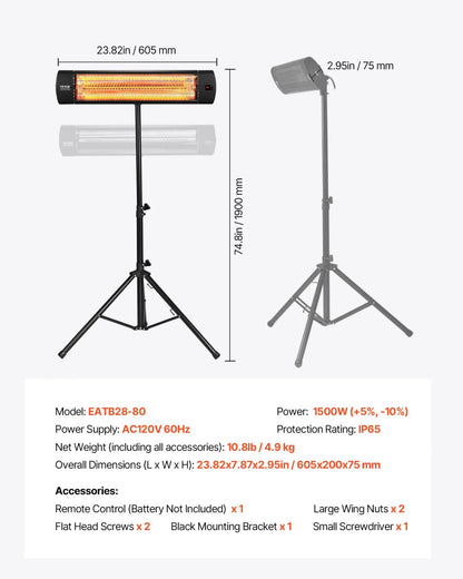 VEVOR Infrared Heater, 1500W Electric Space Heater with Remote Control, LED Screen w/ 3 Speeds & Timer, Outdoor/Outdoor for Patio,Porch,Dining Room,Studio - View 7