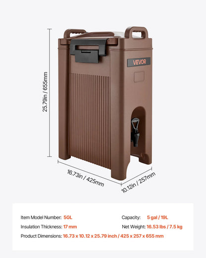VEVOR Insulated Beverage Dispenser, 5 Gal/19L Hot and Cold Beverage Server with Spigot & Handle, Food-Grade Thermal Drink Dispenser Cooler for Tea Coffee Water in Cafes & Restaurants, Brown - View 7