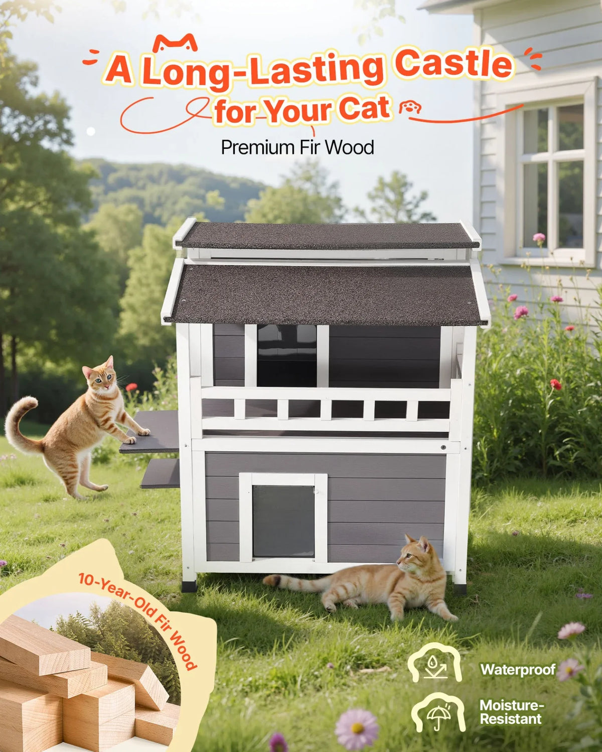 VEVOR Insulated Cat House, 2-Story Wooden Cat Shelter, Foam Insulation, Feral Kitty Shelter with Balcony, Waterproof Cats Condos for Indoor & Outdoor 1-3 Cats in Winter 33 x 29.5 x 32 in - View 4