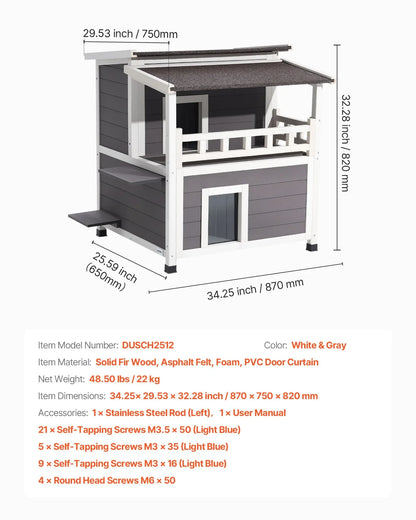 VEVOR Insulated Cat House, 2-Story Wooden Cat Shelter, Foam Insulation, Feral Kitty Shelter with Balcony, Waterproof Cats Condos for Indoor & Outdoor 1-3 Cats in Winter 33 x 29.5 x 32 in - View 6