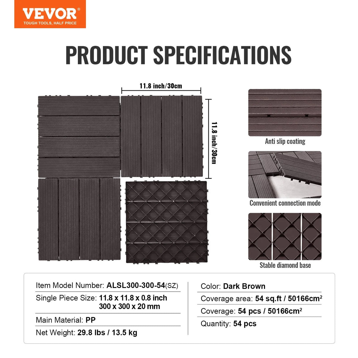 VEVOR Interlocking Deck Tiles, 54 Pack,12"x12" 54 sq. ft Plastic Waterproof Outdoor Flooring All Weather Use, Patio Floor Decking Covering Tiles for Porch Poolside Balcony Backyard, Dark Brown - View 6
