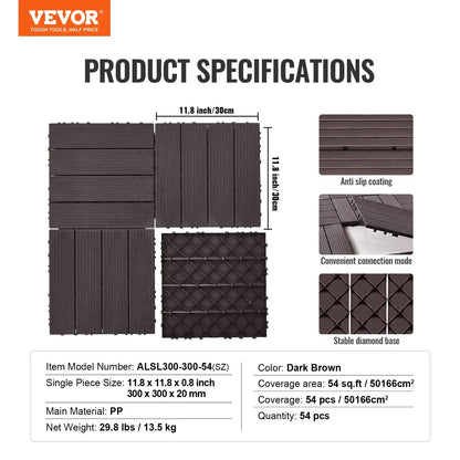 VEVOR Interlocking Deck Tiles, 54 Pack,12"x12" 54 sq. ft Plastic Waterproof Outdoor Flooring All Weather Use, Patio Floor Decking Covering Tiles for Porch Poolside Balcony Backyard, Dark Brown - View 6
