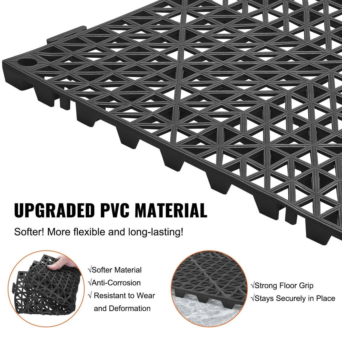 VEVOR Interlocking Tile 50PCS Black, Drainage Tiles 12" x 12" Splicing, Soft PVC Interlocking Drainage Floor Tiles, Non-Slip Drainage Holes for Restroom, Bathroom, Kitchen, Pool, Wet Areas - View 3