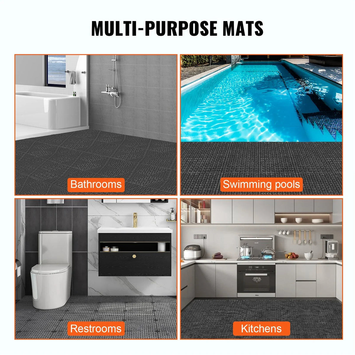 VEVOR Interlocking Tile 50PCS Black, Drainage Tiles 12" x 12" Splicing, Soft PVC Interlocking Drainage Floor Tiles, Non-Slip Drainage Holes for Restroom, Bathroom, Kitchen, Pool, Wet Areas - View 6