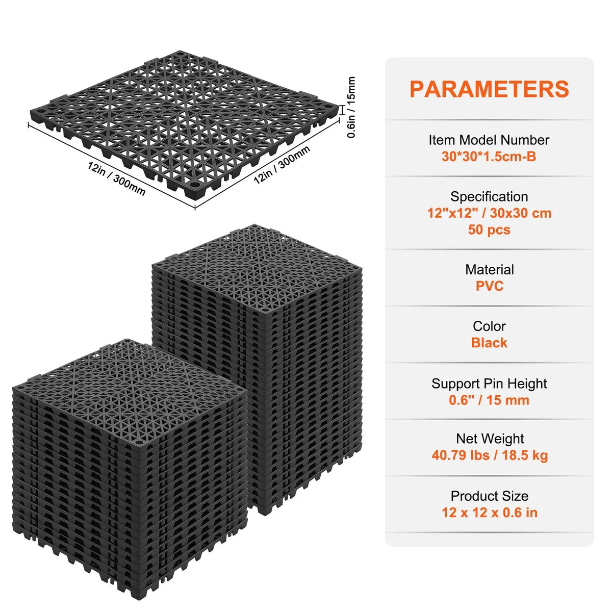 VEVOR Interlocking Tile 50PCS Black, Drainage Tiles 12" x 12" Splicing, Soft PVC Interlocking Drainage Floor Tiles, Non-Slip Drainage Holes for Restroom, Bathroom, Kitchen, Pool, Wet Areas - View 7