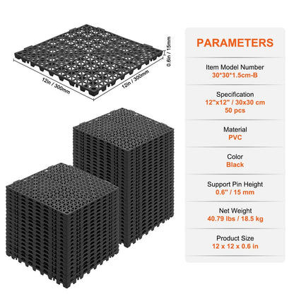VEVOR Interlocking Tile 50PCS Black, Drainage Tiles 12" x 12" Splicing, Soft PVC Interlocking Drainage Floor Tiles, Non-Slip Drainage Holes for Restroom, Bathroom, Kitchen, Pool, Wet Areas - View 7