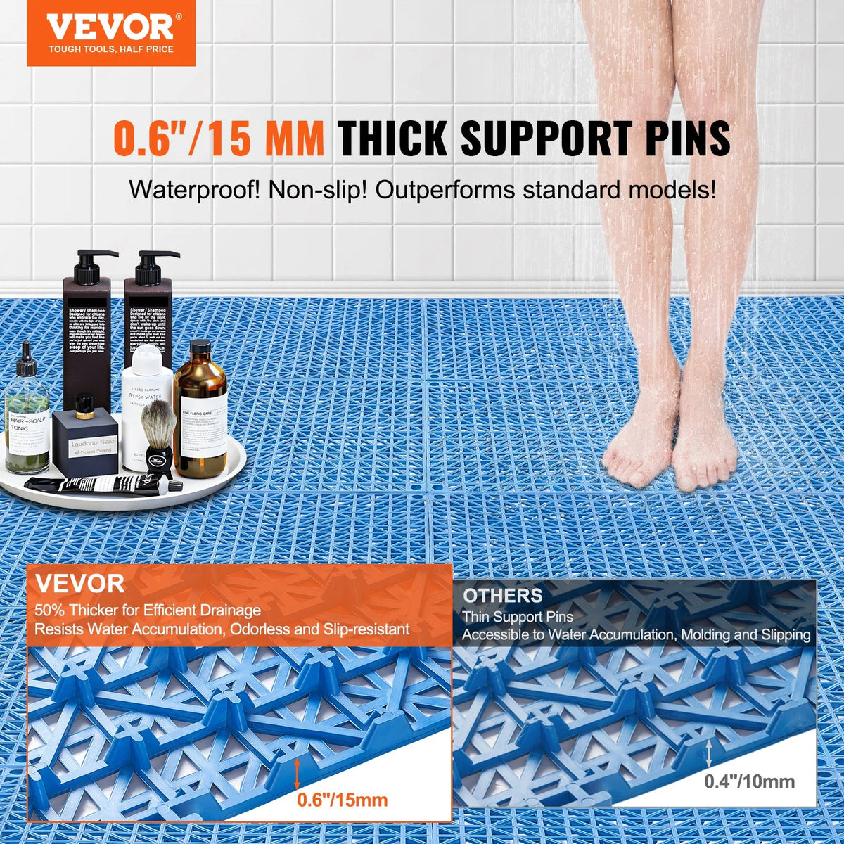 VEVOR Interlocking Tile 50PCS Blue, Drainage Tiles 12" x 12" Splicing, Soft PVC Interlocking Drainage Floor Tiles, Non-Slip Drainage Holes for Restroom, Bathroom, Kitchen, Pool, Wet Areas - View 2