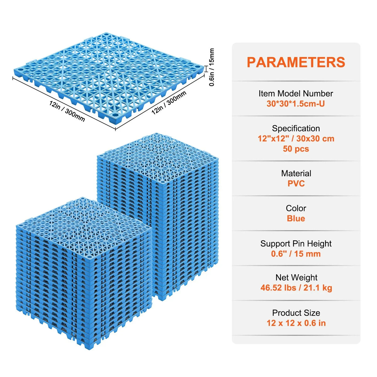 VEVOR Interlocking Tile 50PCS Blue, Drainage Tiles 12" x 12" Splicing, Soft PVC Interlocking Drainage Floor Tiles, Non-Slip Drainage Holes for Restroom, Bathroom, Kitchen, Pool, Wet Areas - View 7