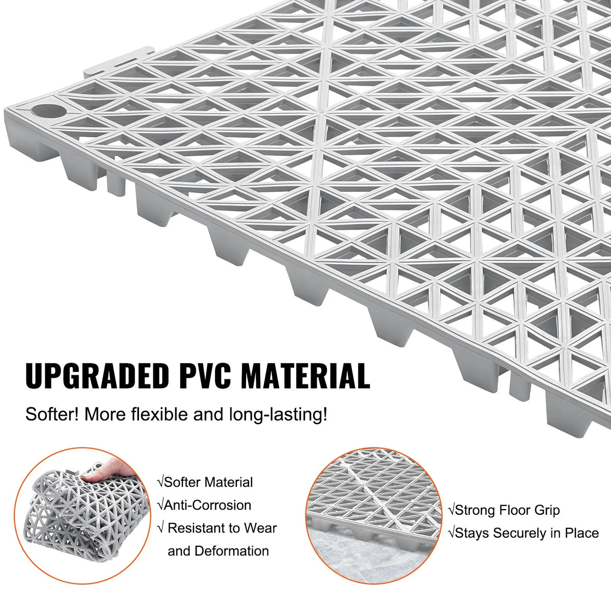 VEVOR Interlocking Tile 50PCS Gray, Drainage Tiles 12" x 12" Splicing, Soft PVC Interlocking Drainage Floor Tiles, Non-Slip Drainage Holes for Restroom, Bathroom, Kitchen, Pool, Wet Areas - View 2