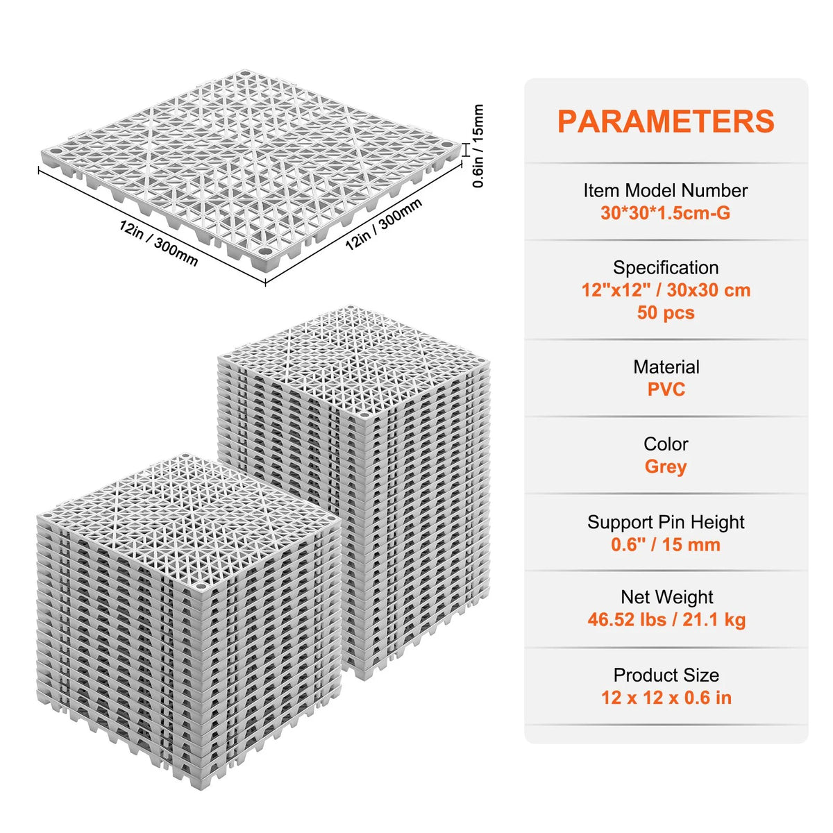 VEVOR Interlocking Tile 50PCS Gray, Drainage Tiles 12" x 12" Splicing, Soft PVC Interlocking Drainage Floor Tiles, Non-Slip Drainage Holes for Restroom, Bathroom, Kitchen, Pool, Wet Areas - View 6