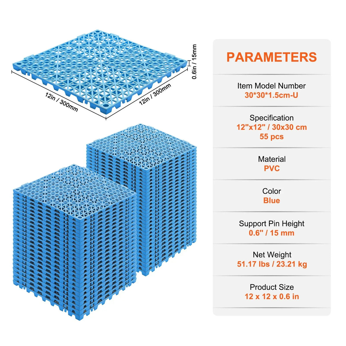 VEVOR Interlocking Tile 55PCS Blue, Drainage Tiles 12" x 12" Splicing, Soft PVC Interlocking Drainage Floor Tiles, Non-Slip Drainage Holes for Restroom, Bathroom, Kitchen, Pool, Wet Areas, Blue - View 6