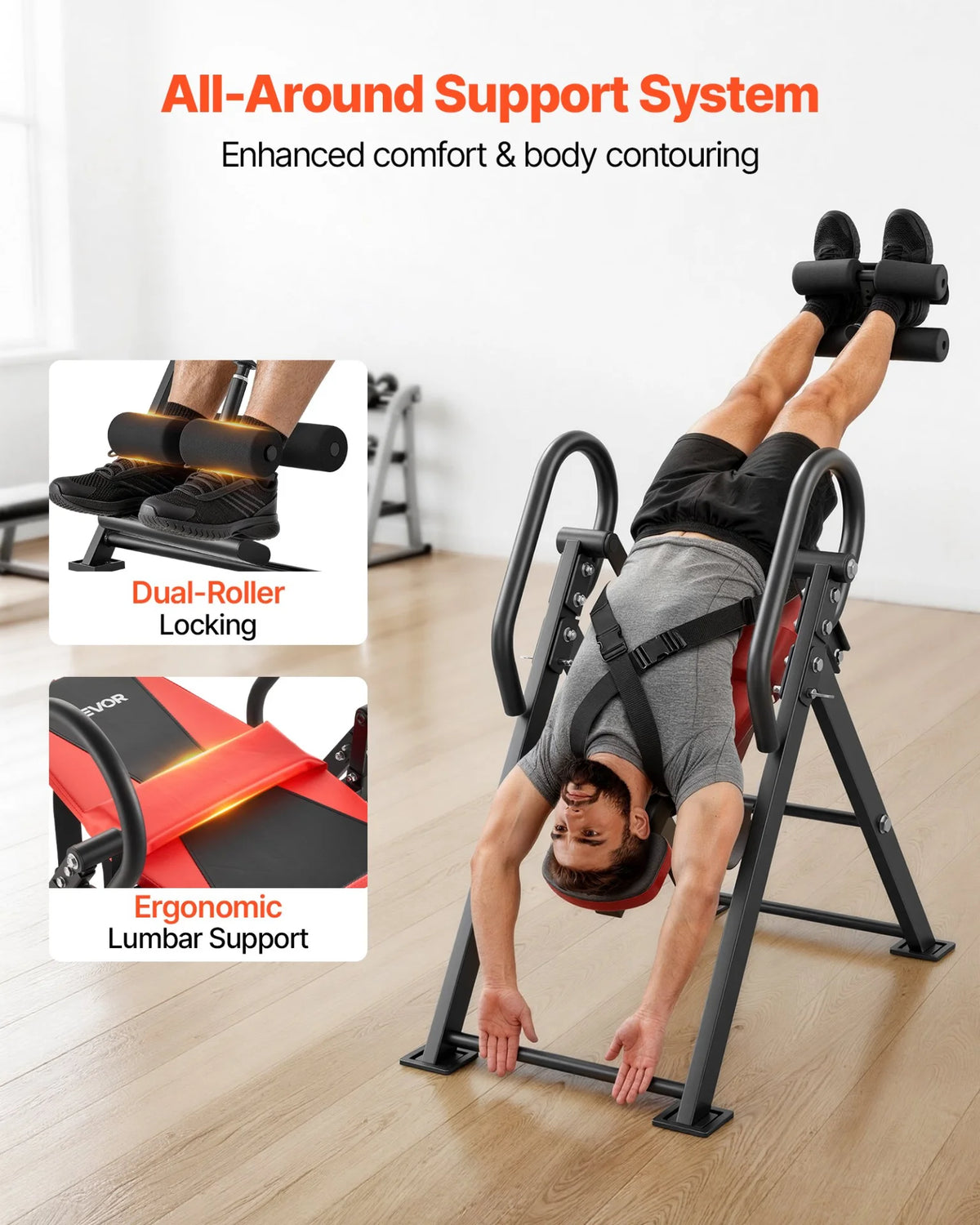 VEVOR Inversion Table, 300 lbs Capacity Heavy Duty Inverted Table, Back Inverter Stretcher with Dual-Roller Locking, Decompression Tables for Shoulders, Neck, Back, Multi-Angle Adjustable Tether Strap - View 3
