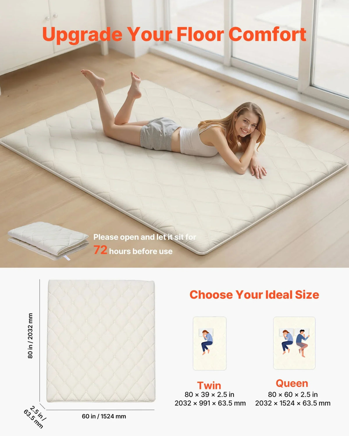 VEVOR Japanese Tatami Mat, Queen Size Foldable Japanese Tatami Mattress, Futon Mattress with Storage Bag & Fastener, 9-Layer Floor Mat for Sleeping, Dormitory, Meditation, Yoga, 80 x 60 x 2.5 in, White