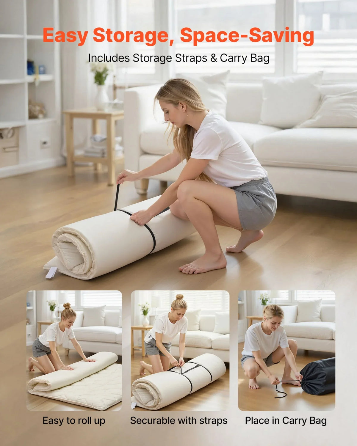 VEVOR Japanese Tatami Mat, Queen Size Foldable Japanese Tatami Mattress, Futon Mattress with Storage Bag & Fastener, 9-Layer Floor Mat for Sleeping, Dormitory, Meditation, Yoga, 80 x 60 x 2.5 in, White - View 5