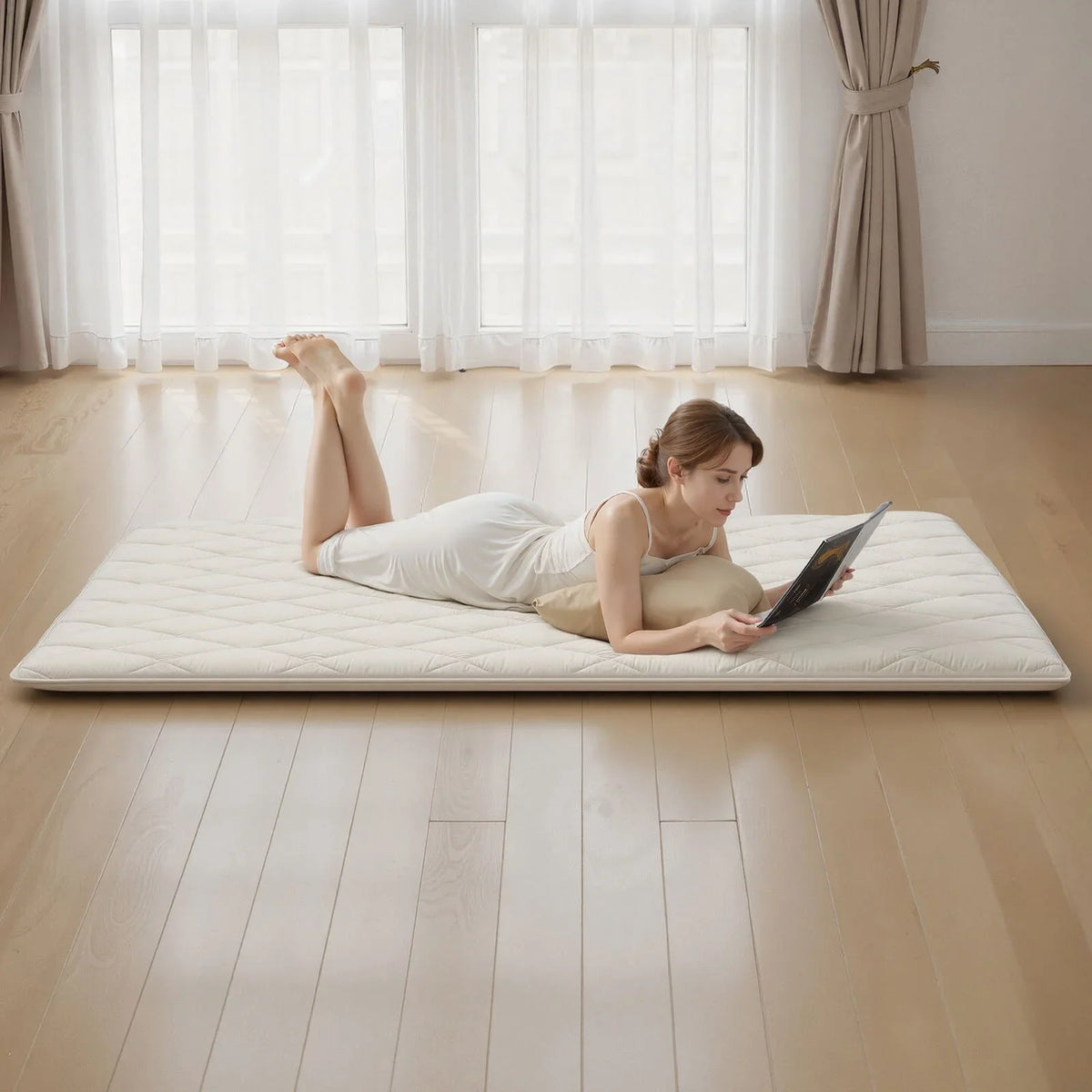 VEVOR Japanese Tatami Mat, Queen Size Foldable Japanese Tatami Mattress, Futon Mattress with Storage Bag & Fastener, 9-Layer Floor Mat for Sleeping, Dormitory, Meditation, Yoga, 80 x 60 x 2.5 in, White - View 7