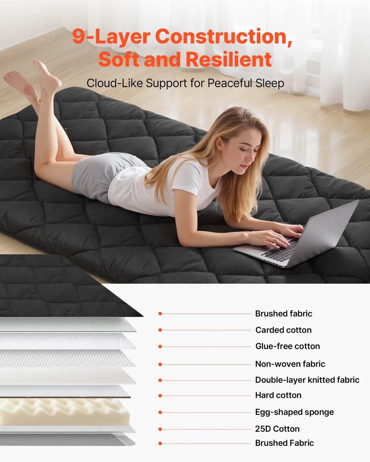 VEVOR Japanese Tatami Mat, Twin Size Foldable Japanese Tatami Mattress, Futon Mattress with Storage Bag & Fastener, 9-Layer Floor Mat for Sleeping, Dormitory, Meditation, Yoga, 80 x 39 x 3.5 in, Black - View 2