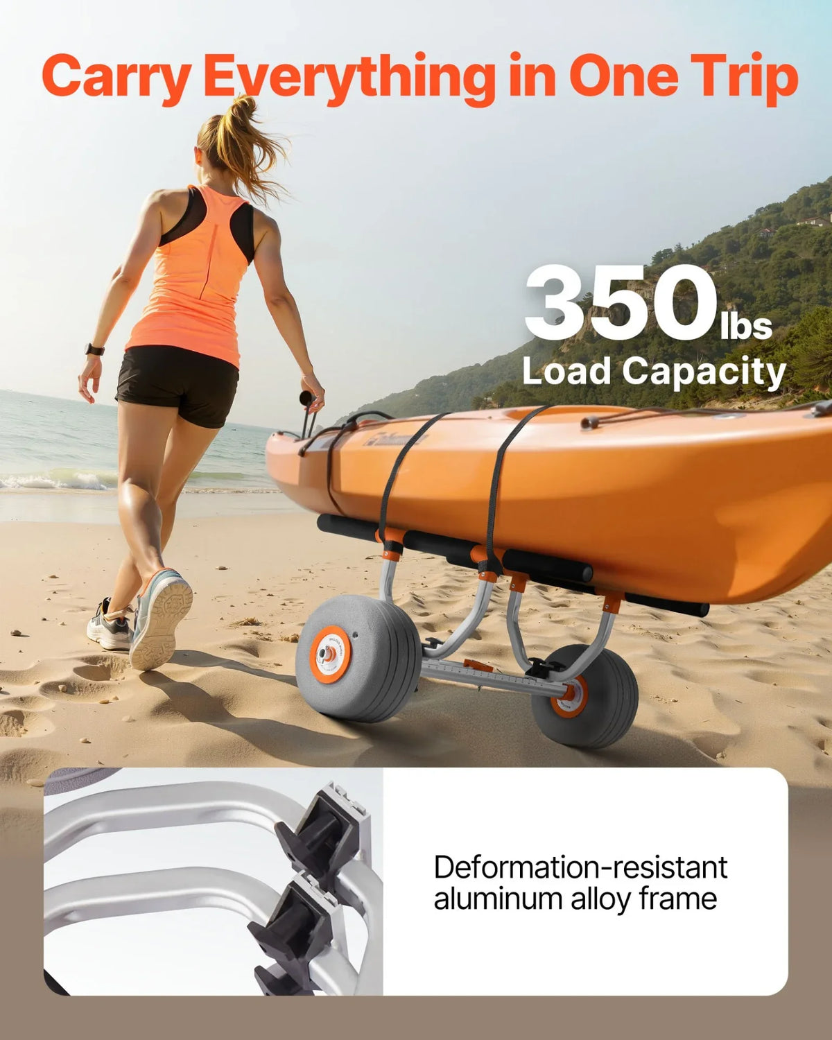 VEVOR Kayak Cart, 350 lbs Load Capacity, Kayak Trolley with 12-inch Inflatable PU Tires & 2 Straps, Assembles & Disassembles Within Seconds, Paddle Board Trolley for Carrying Kayaks and Canoes - View 2