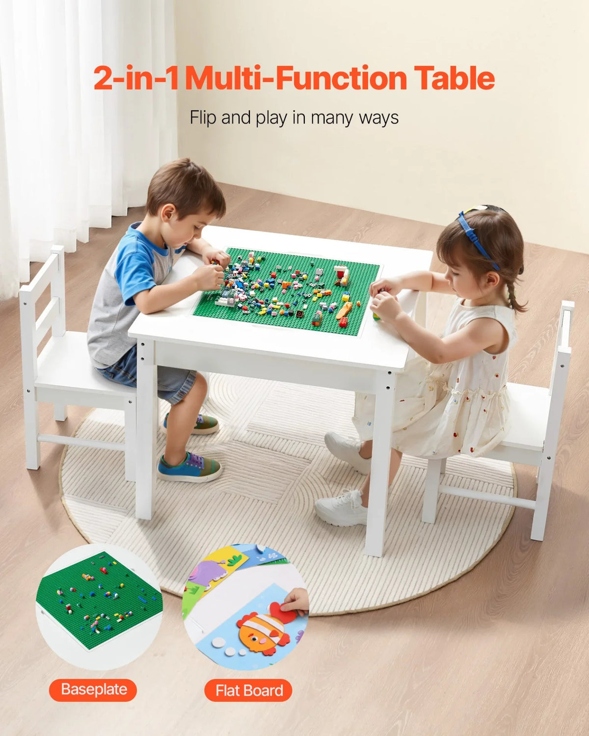 VEVOR Kids Activity Table and 2 Chairs Set, Building Blocks Double-Sided Tabletop, Toddler Table and Chair Set with Storage for Kids 3+ Years, Large Storage Space, Present for Boys & Girls, White