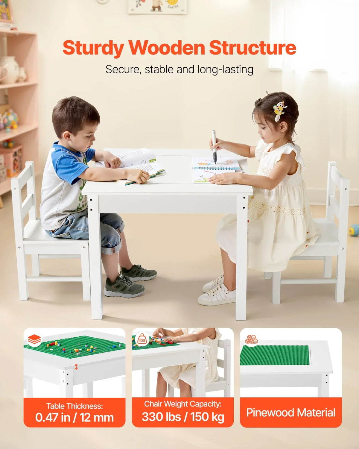 VEVOR Kids Activity Table and 2 Chairs Set, Building Blocks Double-Sided Tabletop, Toddler Table and Chair Set with Storage for Kids 3+ Years, Large Storage Space, Present for Boys & Girls, White - View 2