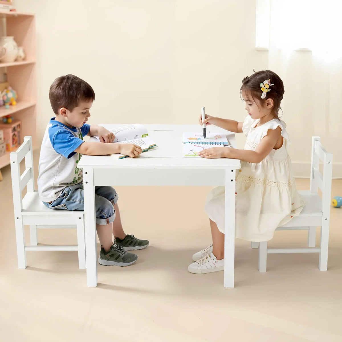 VEVOR Kids Activity Table and 2 Chairs Set, Building Blocks Double-Sided Tabletop, Toddler Table and Chair Set with Storage for Kids 3+ Years, Large Storage Space, Present for Boys & Girls, White - View 7