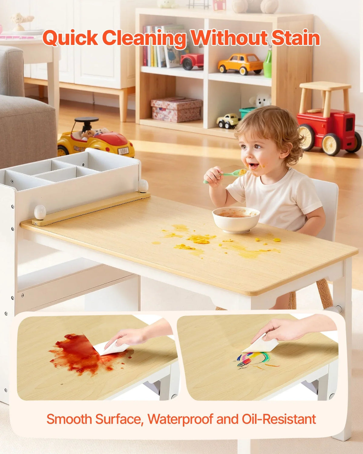 VEVOR Kids Art Table and Chair Set, Toddler Craft Table with 3 Tiers Storage Cabinet, Wooden Kids Activity Play Desk with 2 Chairs, Art Craft Play Desk for Reading, Learning, Drawing, Writing, White - View 5