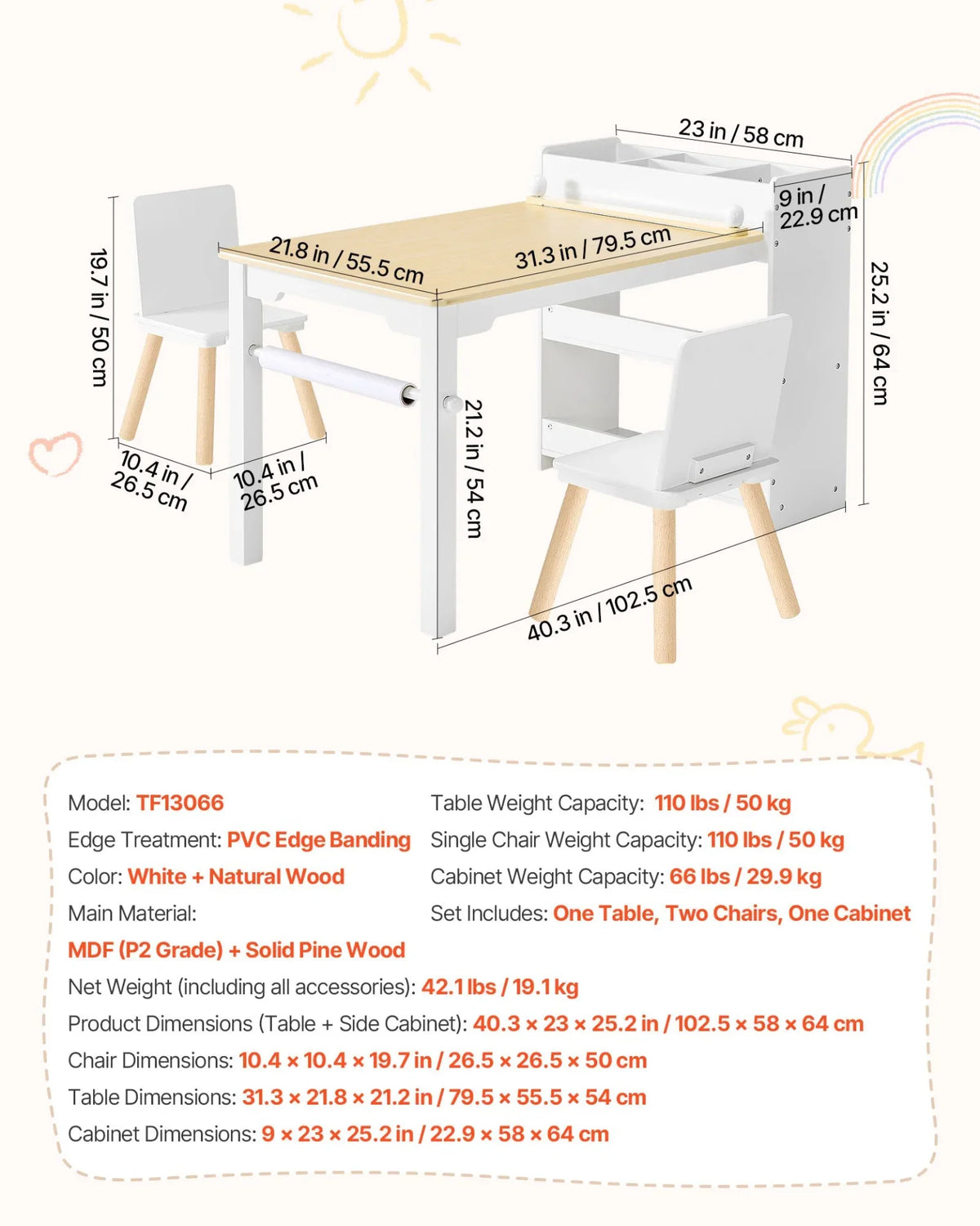 VEVOR Kids Art Table and Chair Set, Toddler Craft Table with 3 Tiers Storage Cabinet, Wooden Kids Activity Play Desk with 2 Chairs, Art Craft Play Desk for Reading, Learning, Drawing, Writing, White - View 6