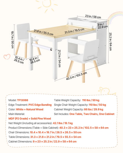 VEVOR Kids Art Table and Chair Set, Toddler Craft Table with 3 Tiers Storage Cabinet, Wooden Kids Activity Play Desk with 2 Chairs, Art Craft Play Desk for Reading, Learning, Drawing, Writing, White - View 6