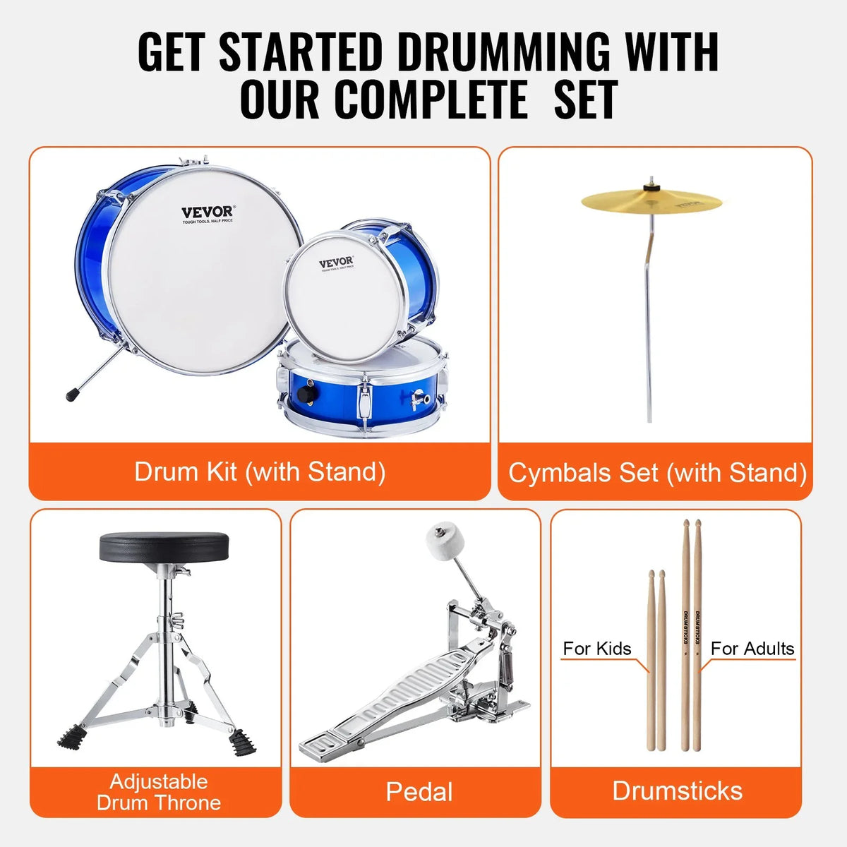 VEVOR Kids Drum Set, 3-Piece, 14 in Beginner Drum Set with Adjustable Throne Cymbal Pedal Two Pairs of Drumsticks, 8'' Tom Drum 10'' Snare Drum 14'' Bass Drum, Starter Drum Kit for Child Kids, Blue - View 6