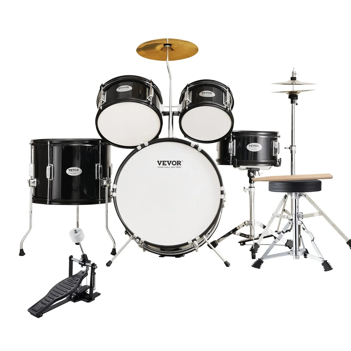 VEVOR Kids Drum Set, 5-Piece, 16 in Beginner Full Drum Set with Bass Toms Snare Floor Drum Adjustable Throne Cymbal Hi-Hat Pedal and Two Pairs of Drumsticks, Starter Drum Kit for Child Kids, Black - View 10