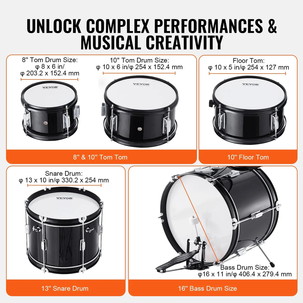 VEVOR Kids Drum Set, 5-Piece, 16 in Beginner Full Drum Set with Bass Toms Snare Floor Drum Adjustable Throne Cymbal Hi-Hat Pedal and Two Pairs of Drumsticks, Starter Drum Kit for Child Kids, Black - View 2