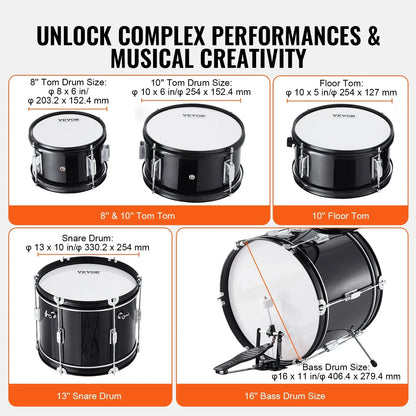 VEVOR Kids Drum Set, 5-Piece, 16 in Beginner Full Drum Set with Bass Toms Snare Floor Drum Adjustable Throne Cymbal Hi-Hat Pedal and Two Pairs of Drumsticks, Starter Drum Kit for Child Kids, Black - View 2