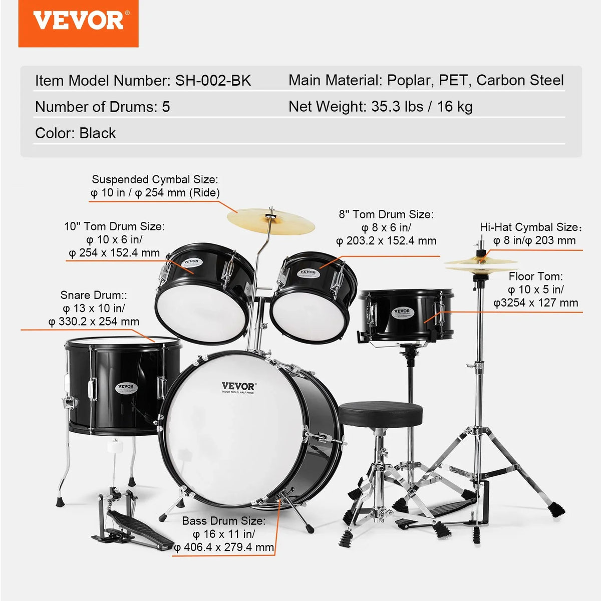 VEVOR Kids Drum Set, 5-Piece, 16 in Beginner Full Drum Set with Bass Toms Snare Floor Drum Adjustable Throne Cymbal Hi-Hat Pedal and Two Pairs of Drumsticks, Starter Drum Kit for Child Kids, Black - View 6