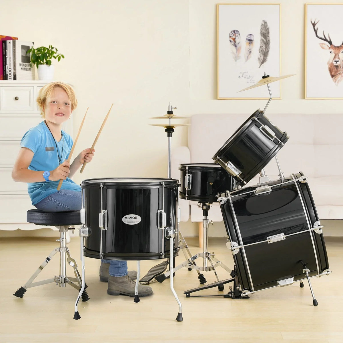 VEVOR Kids Drum Set, 5-Piece, 16 in Beginner Full Drum Set with Bass Toms Snare Floor Drum Adjustable Throne Cymbal Hi-Hat Pedal and Two Pairs of Drumsticks, Starter Drum Kit for Child Kids, Black - View 7