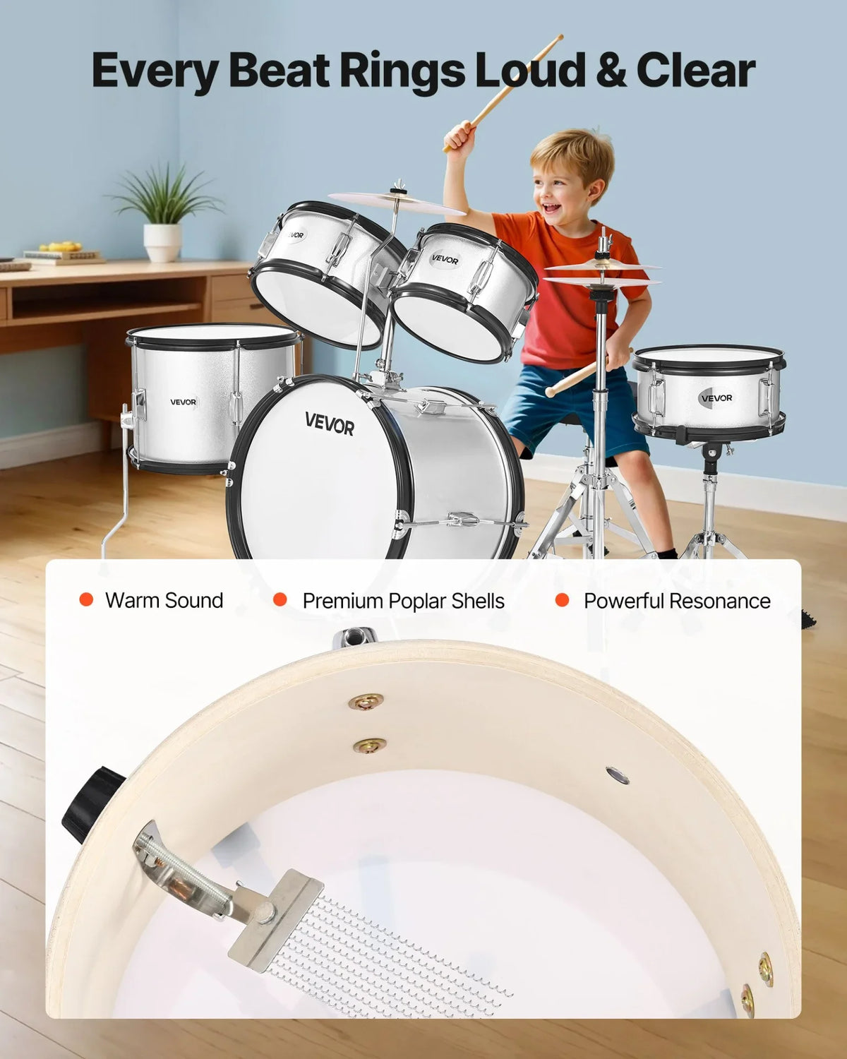 VEVOR Kids Drum Set, 5-Piece 16 in Junior Drum Sets, Beginner Drums Set with Adjustable Throne, Cymbal & Two Pairs of Drumsticks, Musical Learning Drums Instrument Kit, for Children Ages 6-13(Silver) - View 3