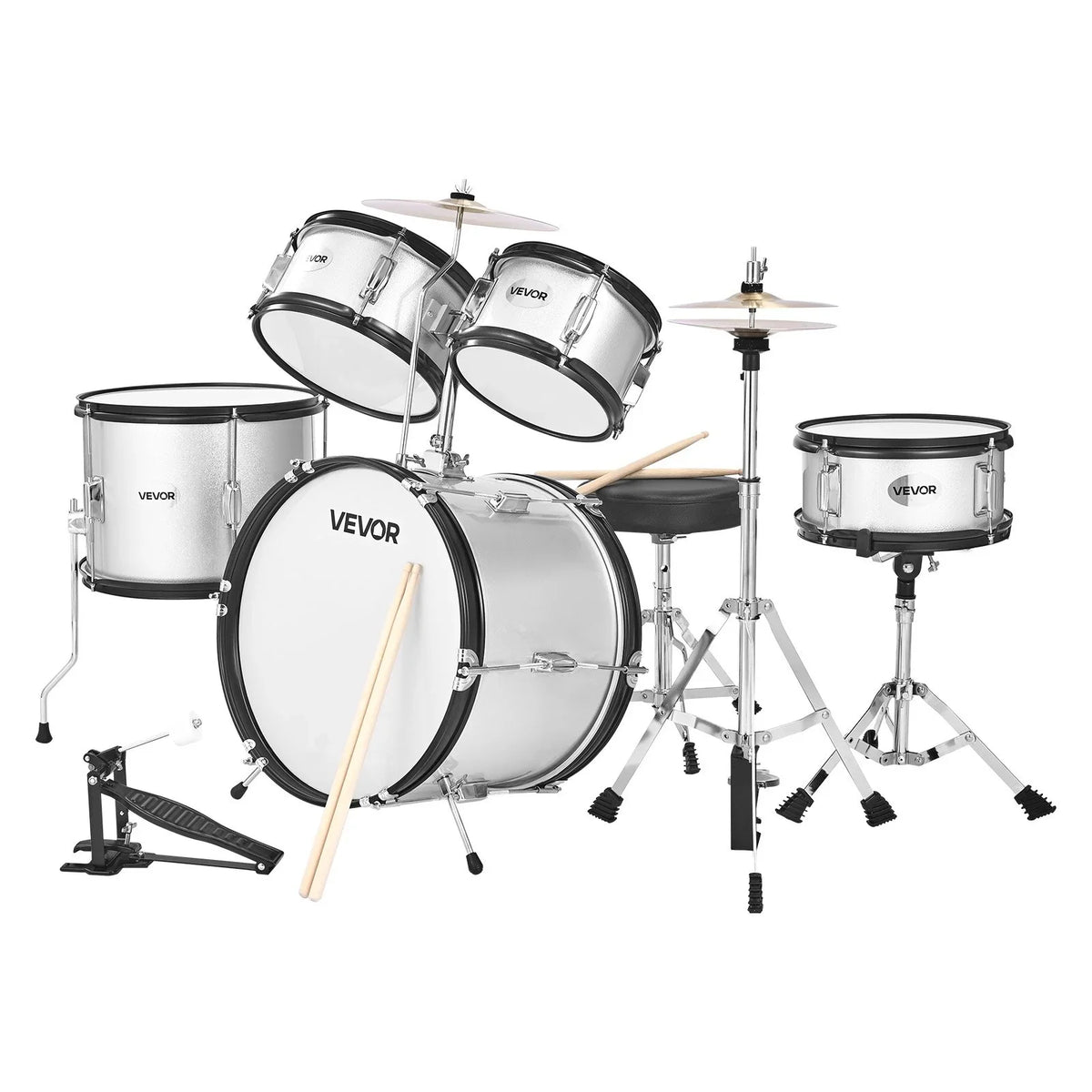 VEVOR Kids Drum Set, 5-Piece 16 in Junior Drum Sets, Beginner Drums Set with Adjustable Throne, Cymbal & Two Pairs of Drumsticks, Musical Learning Drums Instrument Kit, for Children Ages 6-13(Silver) - View 8