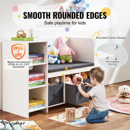 VEVOR Kids Reading Nook Bench, Toddler Bookshelf and Bookcase with Detachable Seat Cushion, 6-Cubby Storage Organizer Bench with 3 Drawers, Ideal for Playroom, Bedroom, Living Room or Entryway, White - View 4