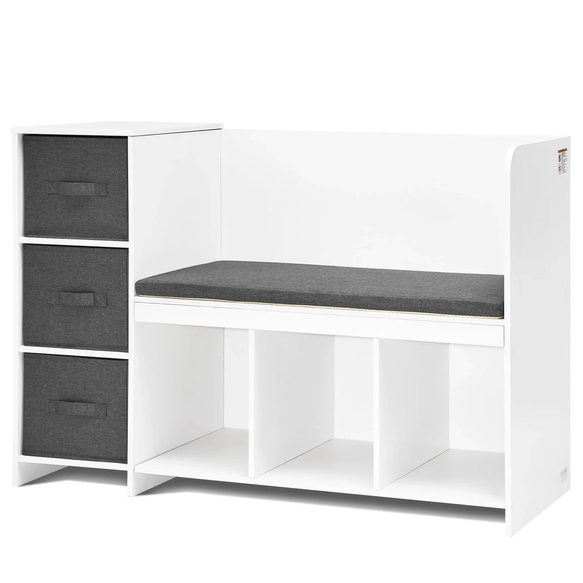 VEVOR Kids Reading Nook Bench, Toddler Bookshelf and Bookcase with Detachable Seat Cushion, 6-Cubby Storage Organizer Bench with 3 Drawers, Ideal for Playroom, Bedroom, Living Room or Entryway, White - View 9