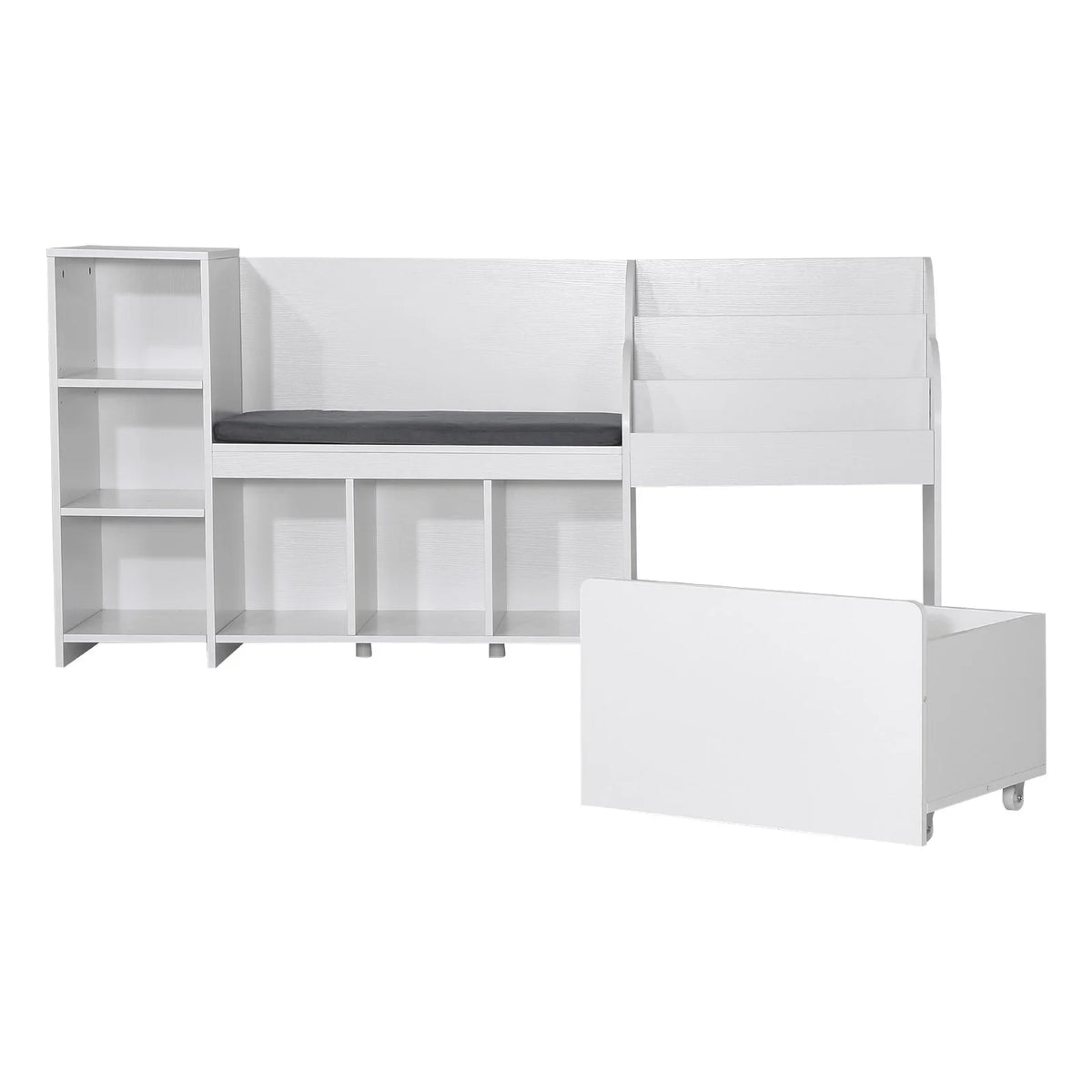 VEVOR Kids Reading Nook, Wooden Storage Bench with Backrest, Kids Bookshelf & Toy Organizer, Large Toy Box Chest for Playroom, Living Room or Entryway, Easy Assembly, 66.9 x 15.8 x 31.5 in, White - View 9