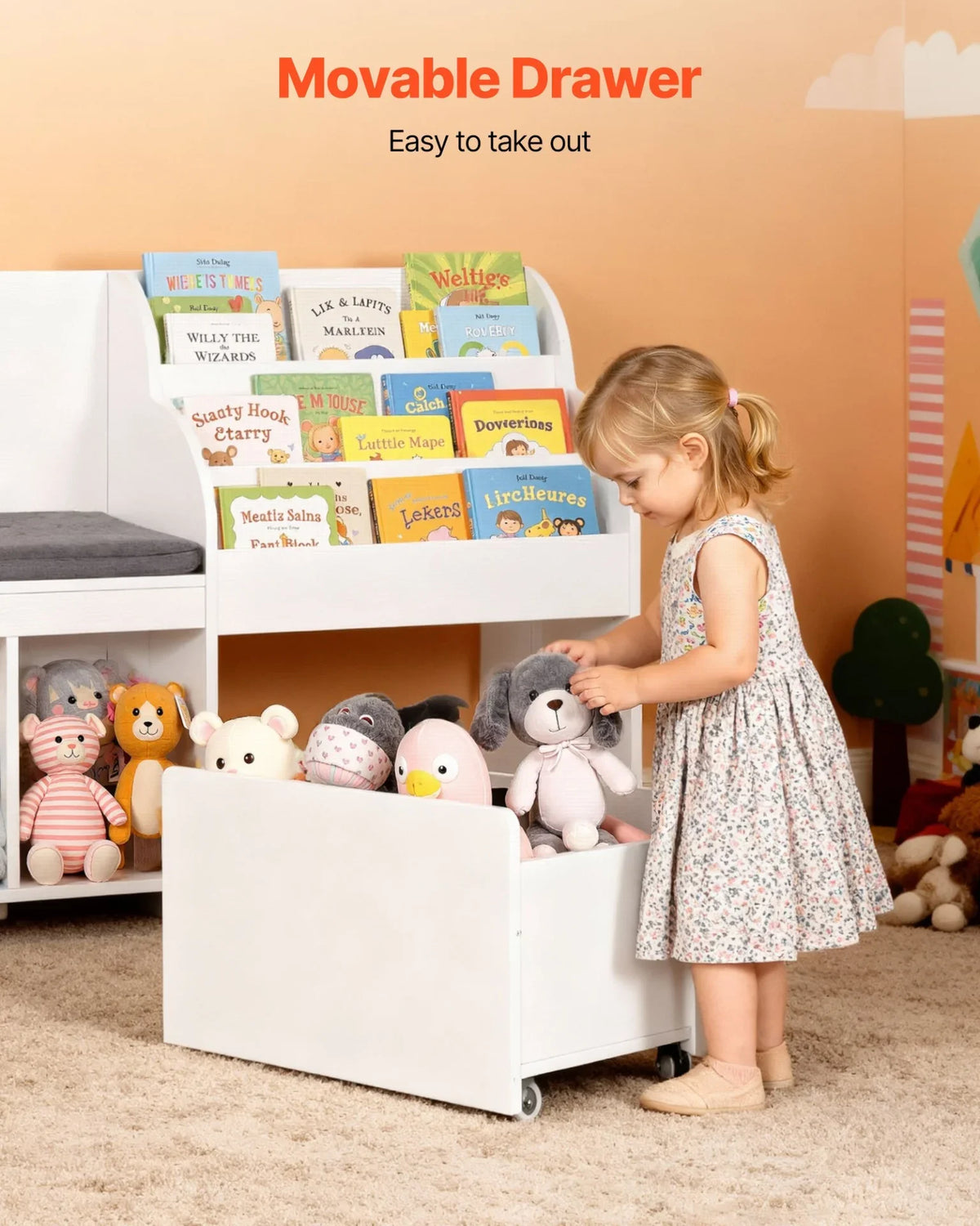 VEVOR Kids Reading Nook, Wooden Storage Bench with Backrest, Kids Bookshelf & Toy Organizer, Large Toy Box Chest for Playroom, Living Room or Entryway, Easy Assembly, 66.9 x 15.8 x 31.5 in, White - View 5