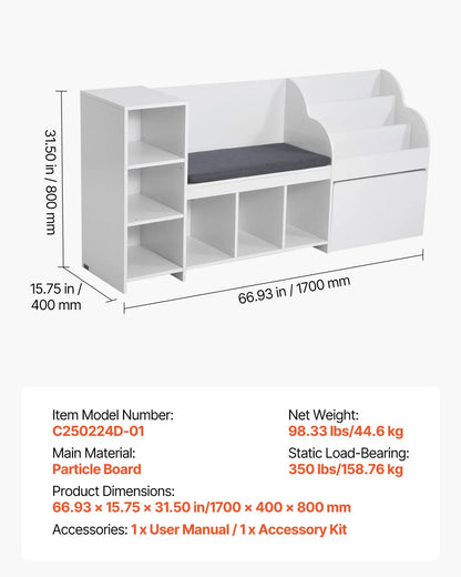 VEVOR Kids Reading Nook, Wooden Storage Bench with Backrest, Kids Bookshelf & Toy Organizer, Large Toy Box Chest for Playroom, Living Room or Entryway, Easy Assembly, 66.9 x 15.8 x 31.5 in, White - View 6